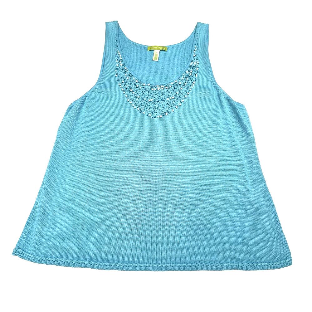 Sigrid Olsen Tank Top Blue Knit Sleeveless Crochet Stones Women's Size XL